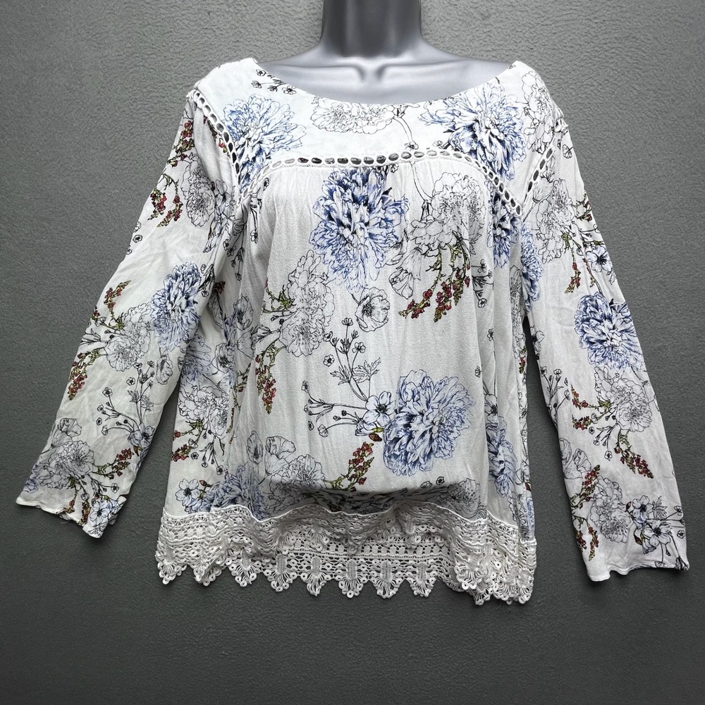 Maeve Women Blouse Floral Rayon XL Boho Crochet Lace Tie Back Peasant Top